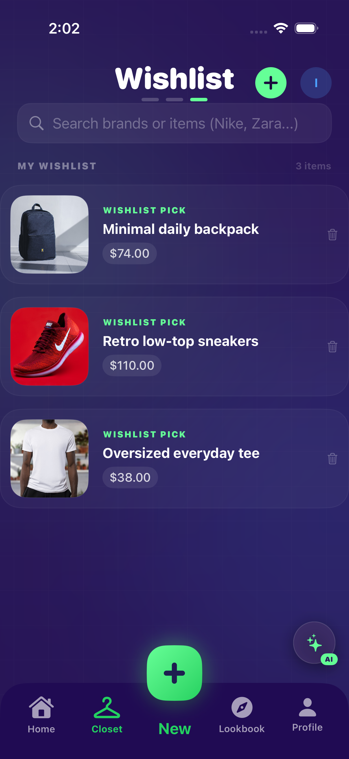 Wishlist Clofit avec vêtements, prix et suppression rapide